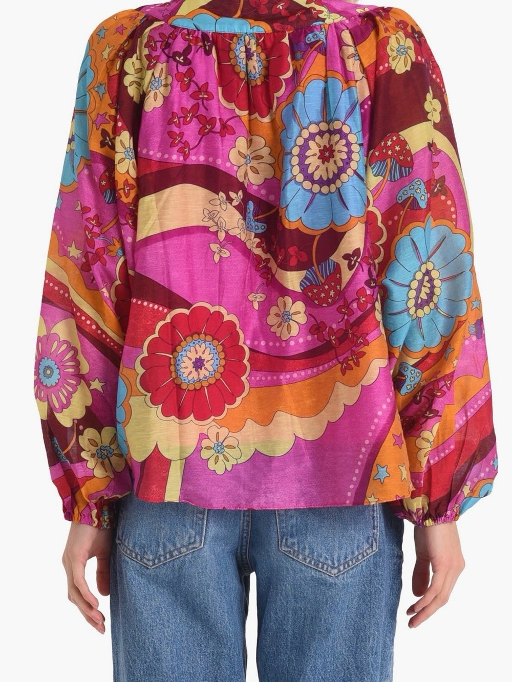 Ciebon- Printed Pink Floral Button-Down Blouse with Balloon Sleeves-XS runs S/M - Picture 3 of 11